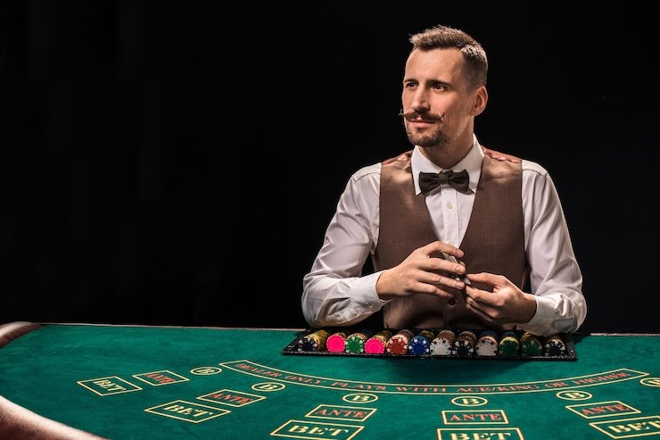 Live dealer at blackjack table in professional studio